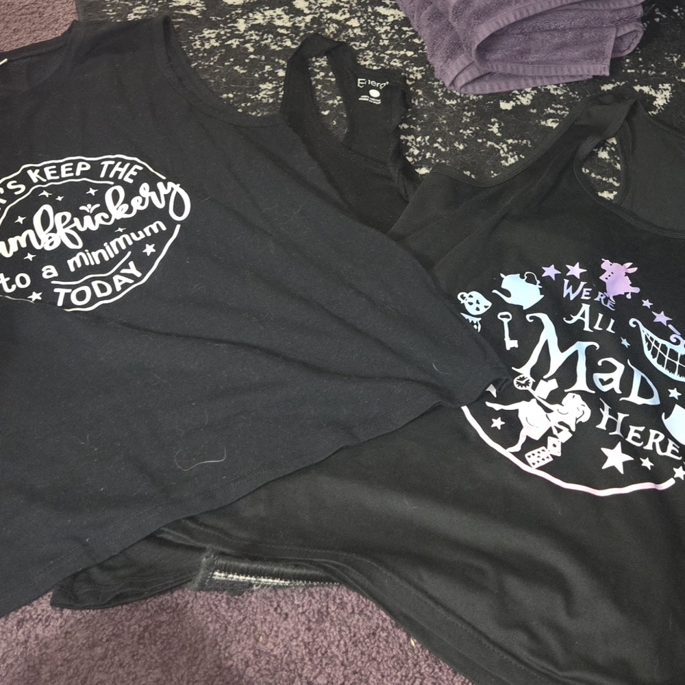 Black Graphic Tank Tops - 'We're All Mad Here', Keep The Dumbf*#kery To A Min